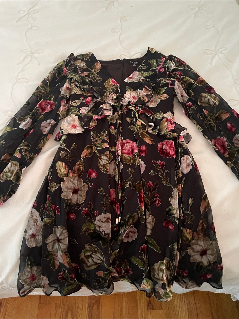 Kensie Black Floral Velvet Burnout Ruffle Tie-Front Dress